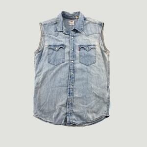 Levis Sleeveless Denim Western Shirt Light Wash Snap Button Workwear Mens S